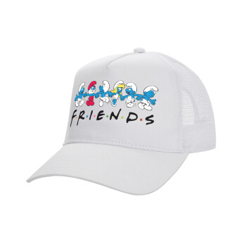 Friends Smurfs, Structured Trucker Adult Hat, with Mesh, WHITE (100% COTTON, ADULT, UNISEX, ONE SIZE)