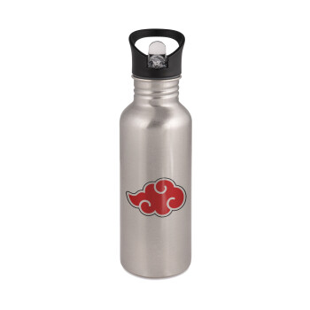 Naruto  Akatsuki Cloud, Water bottle Silver with straw, stainless steel 600ml