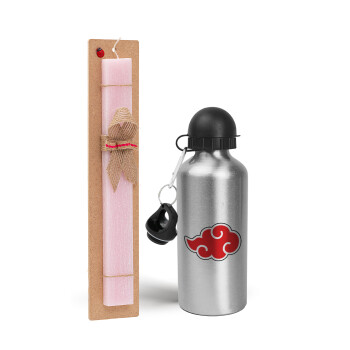 Naruto  Akatsuki Cloud, Easter Set, metallic Silver aluminum water bottle (500ml) & scented flat Easter candle (30cm) (PINK)