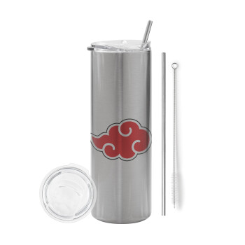 Naruto  Akatsuki Cloud, Eco friendly ποτήρι θερμό Ασημένιο (tumbler) από ανοξείδωτο ατσάλι 600ml, με μεταλλικό καλαμάκι & βούρτσα καθαρισμού