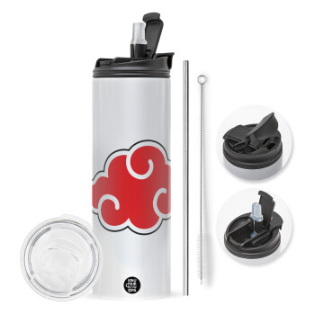 Naruto  Akatsuki Cloud, Travel Tumbler θερμό με διπλό καπάκι, μεταλλικό καλαμάκι και βούρτσα καθαρισμού (Ανωξείδωτο 304 Food grade, BPA free, 600ml)