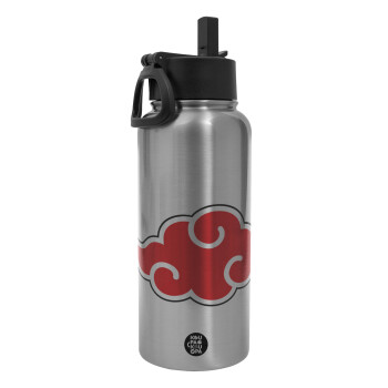 Naruto  Akatsuki Cloud, Metal mug thermo Silver with Straw and Spout Lid (Stainless steel), double wall, 950ml