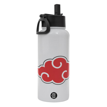 Naruto  Akatsuki Cloud, Metal mug thermo White with Straw and Spout Lid (Stainless steel), double wall, 950ml