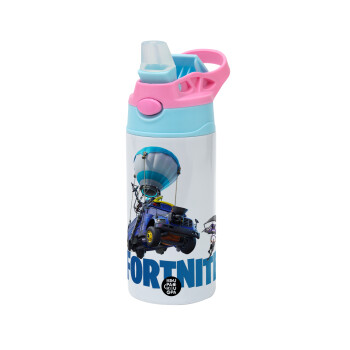 Fortnite Bus, Children's hot water bottle, stainless steel, with safety straw, Pink/BlueCiel (360ml) BPA FREE