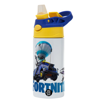 Fortnite Bus, Children's hot water bottle, stainless steel, with safety straw, green, blue (360ml) BPA FREE