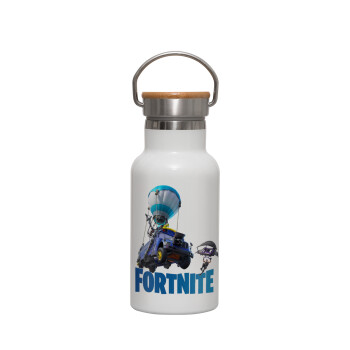 Fortnite Bus, Μεταλλικό παγούρι θερμός (Stainless steel) Λευκό με ξύλινο καπακι (bamboo), διπλού τοιχώματος, 350ml