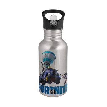 Fortnite Bus, Water bottle Silver with straw, stainless steel 500ml