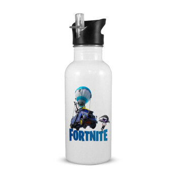 Fortnite Bus, White water bottle with straw, stainless steel 600ml