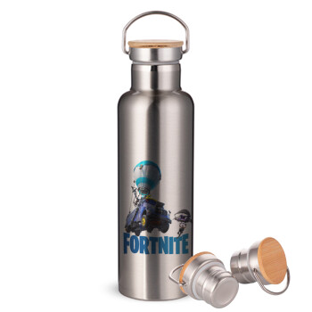 Fortnite Bus, Stainless steel Silver with wooden lid (bamboo), double wall, 750ml
