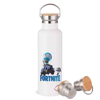 Fortnite Bus, Stainless steel White with wooden lid (bamboo), double wall, 750ml