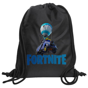 Fortnite Bus, Τσάντα πλάτης πουγκί GYMBAG Μαύρη, με τσέπη (40x48cm) & χονδρά κορδόνια