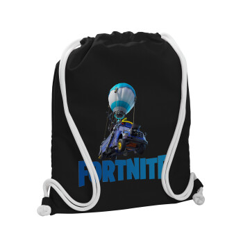 Fortnite Bus, Backpack pouch GYMBAG Black, with pocket (40x48cm) & thick white cords