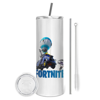 Fortnite Bus, Eco friendly stainless steel tumbler 600ml, with metal straw & cleaning brush