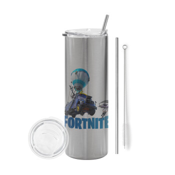 Fortnite Bus, Eco friendly stainless steel Silver tumbler 600ml, with metal straw & cleaning brush