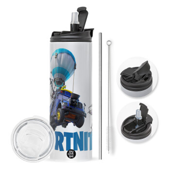 Fortnite Bus, Travel Tumbler θερμό με διπλό καπάκι, μεταλλικό καλαμάκι και βούρτσα καθαρισμού (Ανωξείδωτο 304 Food grade, BPA free, 600ml)