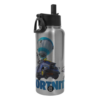 Fortnite Bus, Metal mug thermo Silver with Straw and Spout Lid (Stainless steel), double wall, 950ml