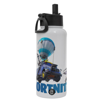 Fortnite Bus, Metal mug thermo White with Straw and Spout Lid (Stainless steel), double wall, 950ml