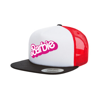 Barbie, Adult Foam Flat Snapback with Mesh Black-White-Red (POLYESTER, ADULT, UNISEX, ONE SIZE)