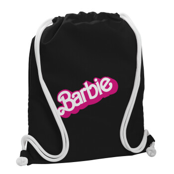 Barbie, Backpack pouch GYMBAG Black, with pocket (40x48cm) & thick white cords