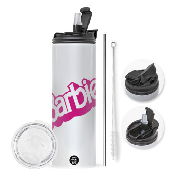 Barbie, Travel Tumbler θερμό με διπλό καπάκι, μεταλλικό καλαμάκι και βούρτσα καθαρισμού (Ανωξείδωτο 304 Food grade, BPA free, 600ml)