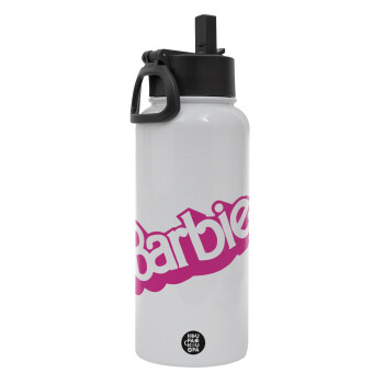 Barbie, Metal mug thermo White with Straw and Spout Lid (Stainless steel), double wall, 950ml