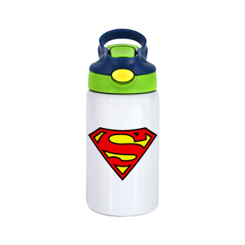 Superman vintage, Children's hot water bottle, stainless steel, with safety straw, green, blue (350ml)