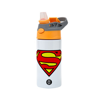 Superman vintage, Children's hot water bottle, stainless steel, with safety straw, Orange/Grey (360ml) BPA-FREE