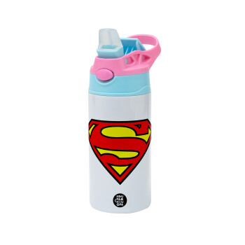 Superman vintage, Children's hot water bottle, stainless steel, with safety straw, Pink/BlueCiel (360ml) BPA FREE