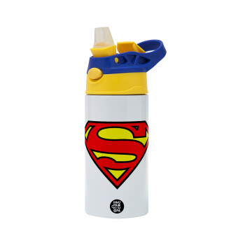 Superman vintage, Children's hot water bottle, stainless steel, with safety straw, green, blue (360ml) BPA FREE