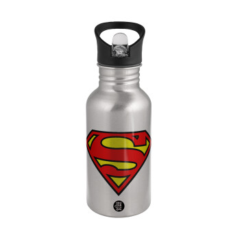 Superman vintage, Water bottle Silver with straw, stainless steel 500ml
