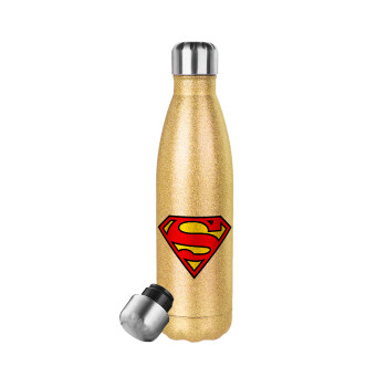 Superman vintage, Μεταλλικό παγούρι θερμός Glitter χρυσό (Stainless steel), διπλού τοιχώματος, 500ml
