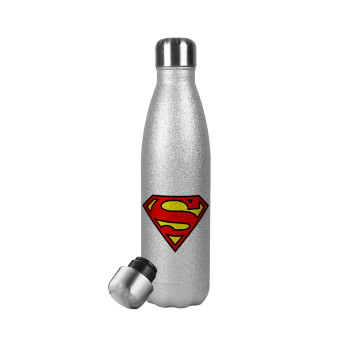 Superman vintage, Μεταλλικό παγούρι θερμός Glitter Aσημένιο (Stainless steel), διπλού τοιχώματος, 500ml