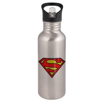 Superman vintage, Water bottle Silver with straw, stainless steel 600ml