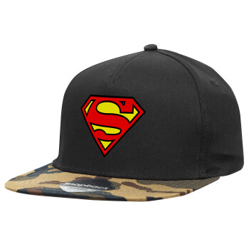 Superman vintage, Adult Flat Snapback Hat Black/Camouflage, (100% COTTON TWILL, ADULT, UNISEX, ONE SIZE)