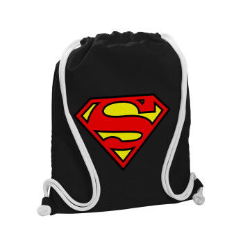 Superman vintage, Backpack pouch GYMBAG Black, with pocket (40x48cm) & thick white cords