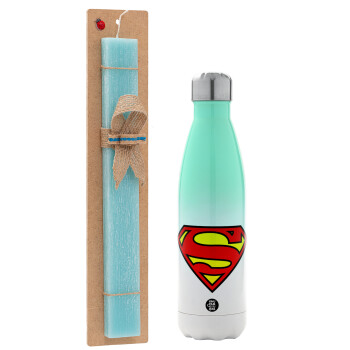 Superman vintage, Easter Set, Metallic green/white thermos (Stainless steel), double-walled, 500ml & scented flat Easter candle (30cm) (TURQUOISE)