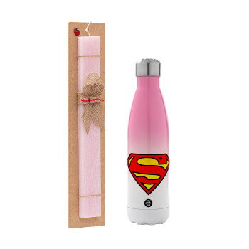 Superman vintage, Easter Set, Metallic pink/white (Stainless steel) thermos, double-walled, 500ml & aromatic flat Easter candle (30cm) (PINK)