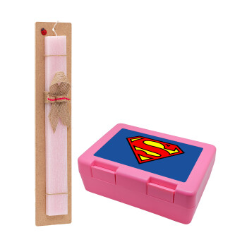 Superman vintage, Easter Set, children's snack container PINK & scented flat Easter candle (30cm) (PINK)