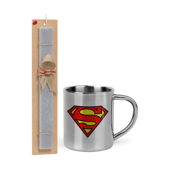 Superman vintage, Πασχαλινό Σετ, μεταλλική κούπα θερμό (300ml) & πασχαλινή λαμπάδα αρωματική πλακέ (30cm) (ΓΚΡΙ)