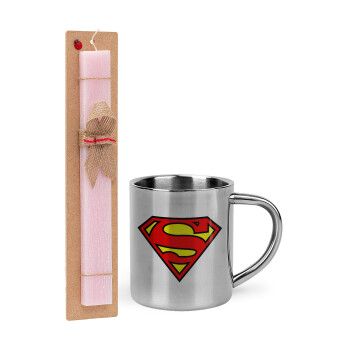 Superman vintage, Πασχαλινό Σετ, μεταλλική κούπα θερμό (300ml) & πασχαλινή λαμπάδα αρωματική πλακέ (30cm) (ΡΟΖ)