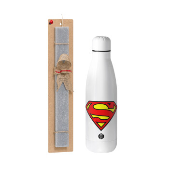 Superman vintage, Easter Set, metallic stainless thermos bottle (500ml) & scented flat Easter candle (30cm) (GRAY)