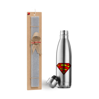 Superman vintage, Easter Set, metallic stainless thermos flask (500ml) & scented flat Easter candle (30cm) (GRAY)