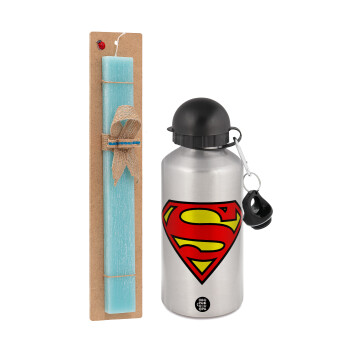 Superman vintage, Easter Set, metallic silver aluminum water bottle (500ml) & scented flat Easter candle (30cm) (TURQUOISE)