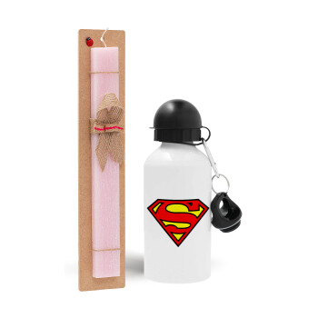 Superman vintage, Πασχαλινό Σετ, παγούρι μεταλλικό αλουμινίου (500ml) & πασχαλινή λαμπάδα αρωματική πλακέ (30cm) (ΡΟΖ)