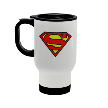 Superman vintage, Stainless steel travel mug with lid, double wall white 450ml