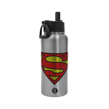 Superman vintage, Metal mug thermo Silver with Straw and Spout Lid (Stainless steel), double wall, 950ml