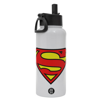 Superman vintage, Metal mug thermo White with Straw and Spout Lid (Stainless steel), double wall, 950ml