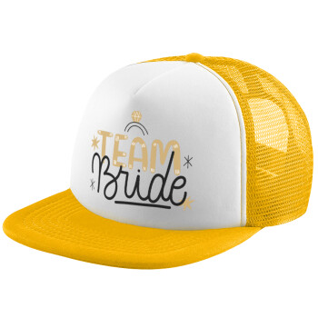 Team Bride Ruby, Adult Soft Trucker Hat with Yellow/White Mesh (POLYESTER, ADULT, UNISEX, ONE SIZE)