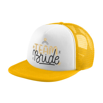 Team Bride Ruby, Adult Soft Trucker Hat with Yellow/White Mesh (POLYESTER, ADULT, UNISEX, ONE SIZE)