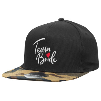 Team Bride red heart, Adult Flat Snapback Hat Black/Camouflage, (100% COTTON TWILL, ADULT, UNISEX, ONE SIZE)